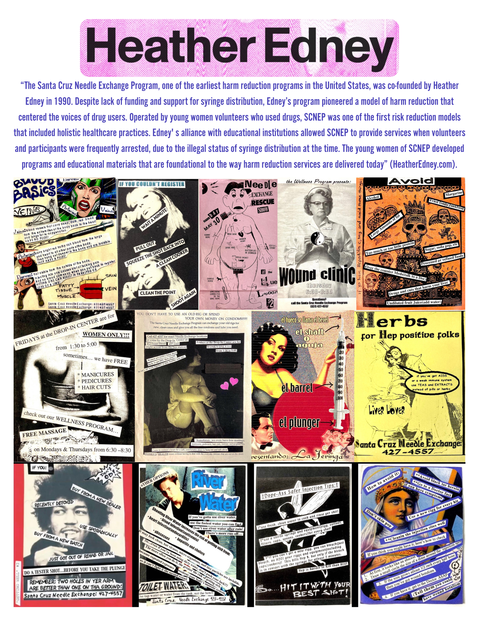 A collage of harm reduction educational materials from the Santa Cruz Needle Exchange Program, including flyers on safer use practices, syringe basics, wound care, and wellness programs, beneath a header reading 'Heather Edney' and a biographical quote about her founding role in the program.